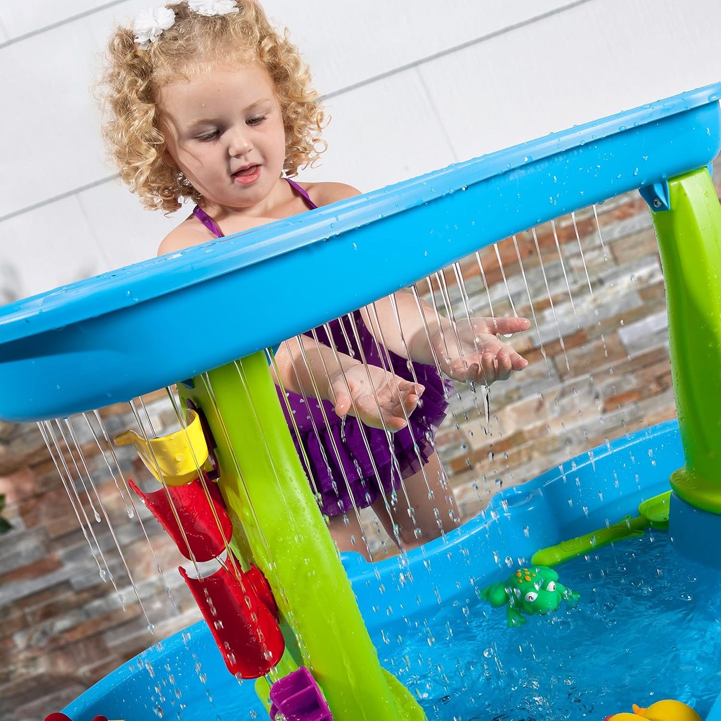 Rain Showers Splash Pond Water Table, Kids Water and Sand Activity Sensory Playset, Summer Outdoor Toys, 13 Piece Water Toy Accessories, for Toddlers 1.5+ Years Old, Blue & Green
