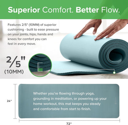 Essentials 2/5" Thick (10Mm) Yoga & Pilates, Fitness & Exercise Mat with Easy-Cinch Carrier Strap Cushion Support for Fitness and Gym Workouts