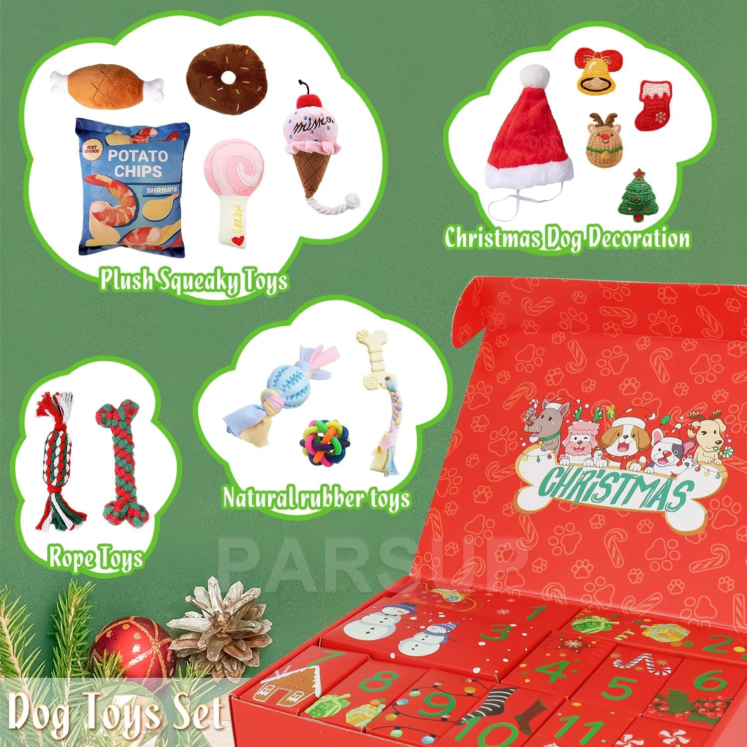 Dog Advent Calendar 2025, 12 Days Pet Toy Christmas Countdown Calendar with Chew Ropes Toys Squeaky Balls Teething Toys for Xmas Small Puppy