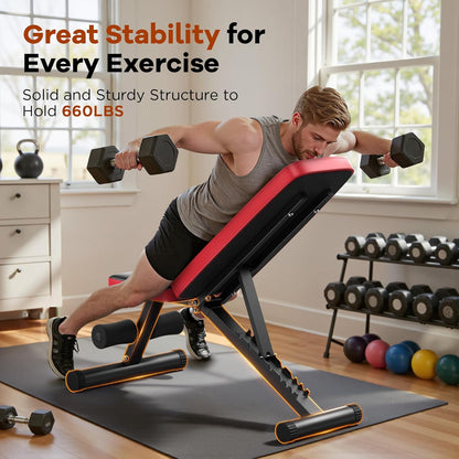 Basic Weight Bench for Home Gym, 8 Backrests Adjustable Bench with 660LBS Weight Capacity for Chest Shoulders Arms Muscles, Foldable and Compact for Small Space Apartment Room