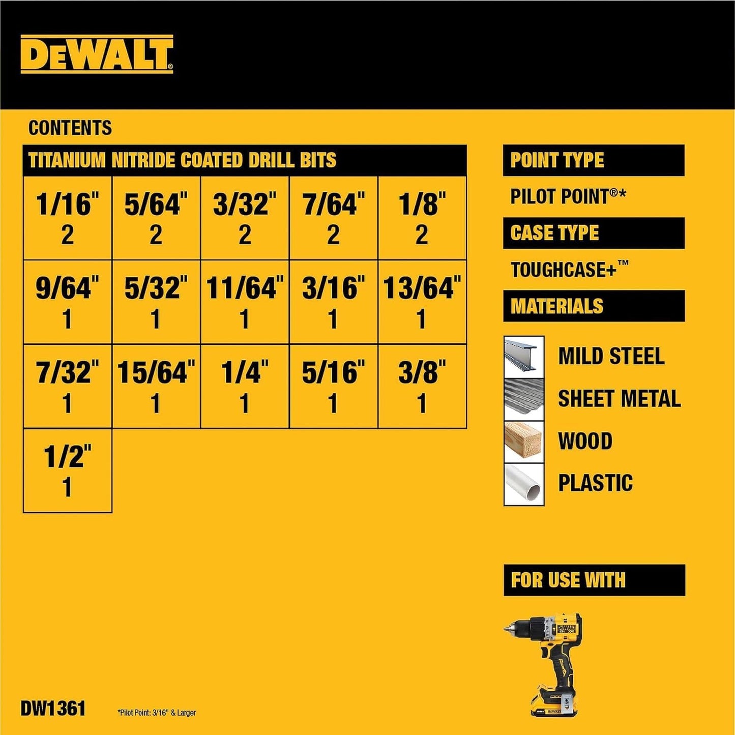 DEWALT Titanium Nitride Coated Pilot Point Drill Bit Set (21-Piece) DW1361 NEW