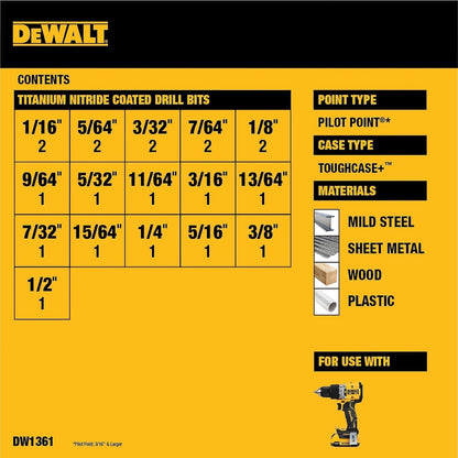 DEWALT Titanium Nitride Coated Pilot Point Drill Bit Set (21-Piece) DW1361 NEW
