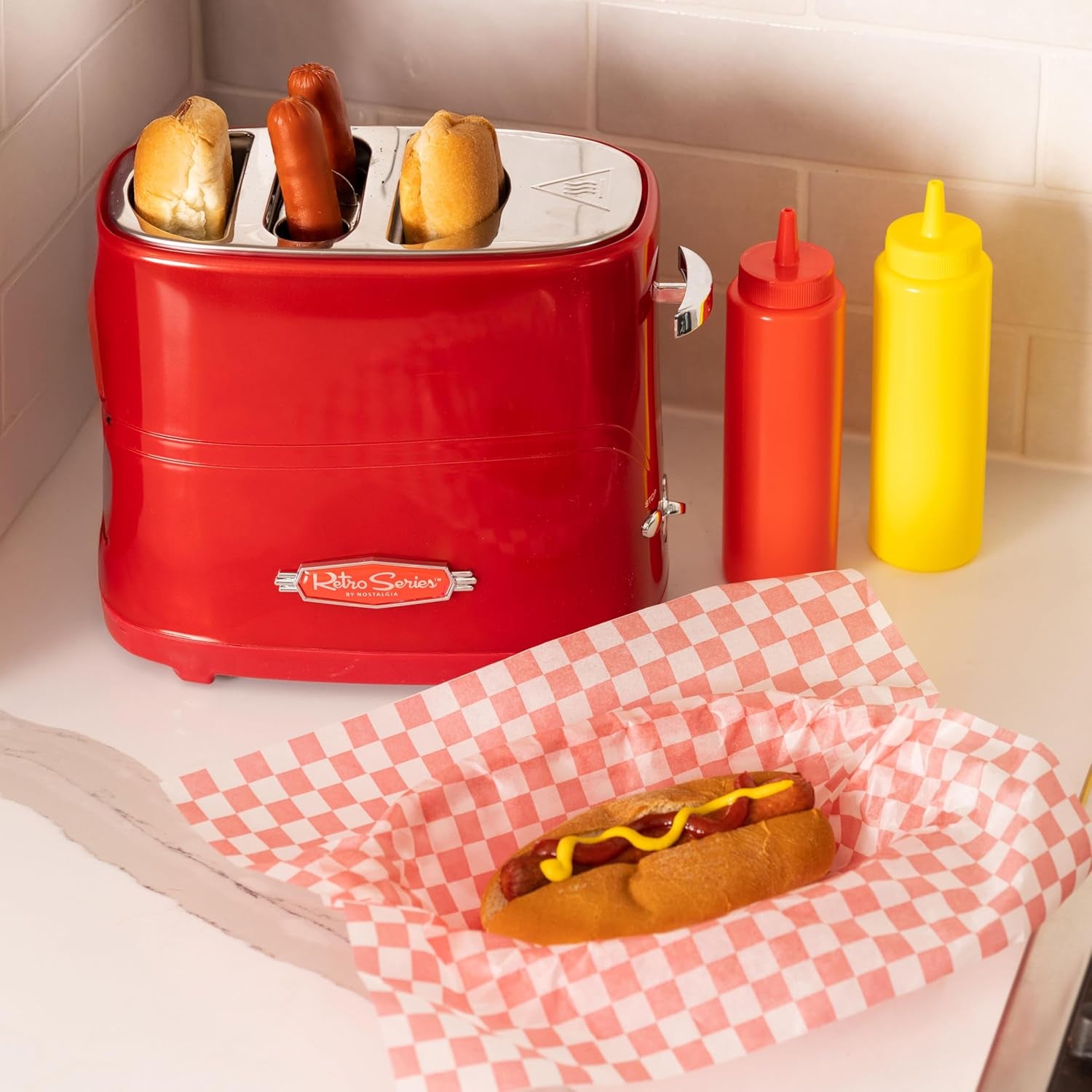 2 Slot Hot Dog and Bun Toaster with Mini Tongs, Retro Toaster, Cooker That Works Chicken, Turkey, Veggie Links, Sausages Brats, Metallic Red