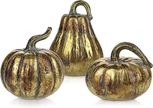 Fall Pumpkin Decor 3 PCS Gold Resin Pumpkin Figurines Fake Pumpkins for Decorating Faux Pumpkins Fall Decorations Rustic Farmhouse Home Centerpiece for Thanksgiving Harvest Halloween Autumn