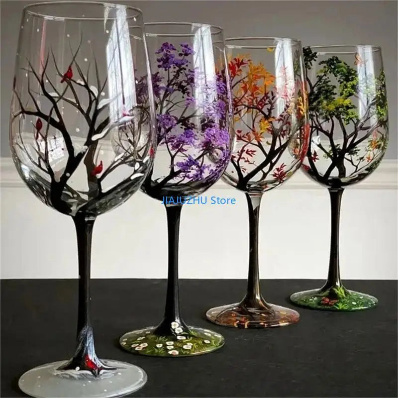 066E Four Seasons Tree Wine Glass Hand-Painted Art Glassware Unique Glasses Drinkware for Home Office Decorative Gift Cups