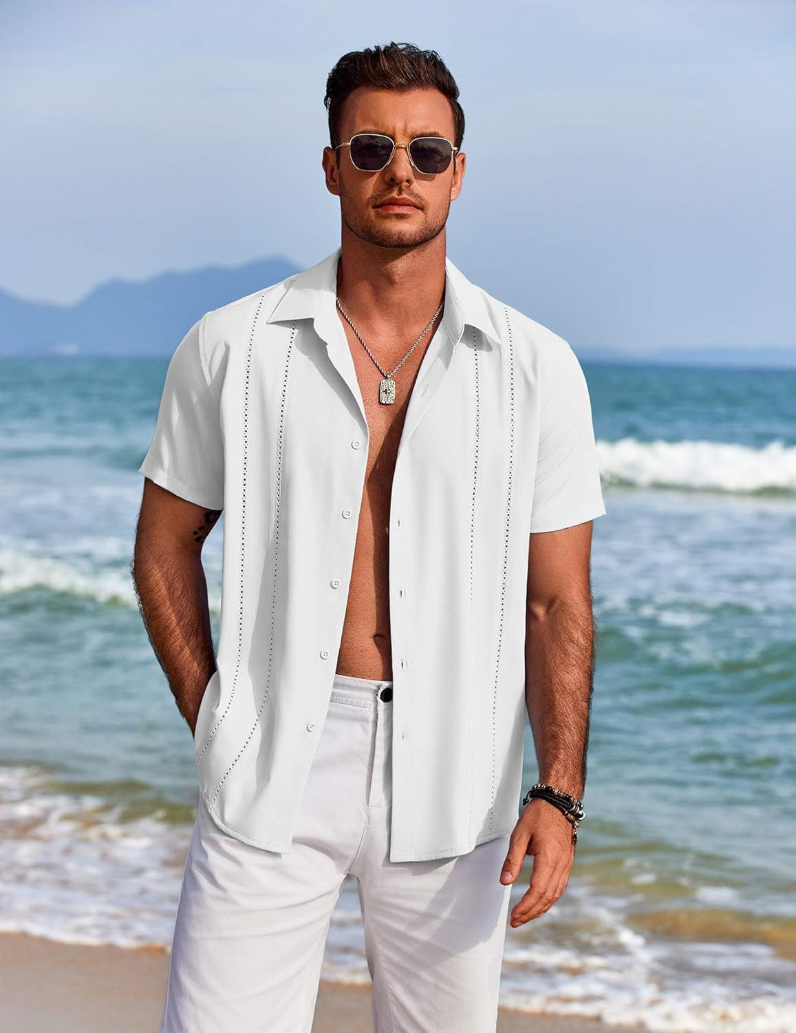 Mens Cuban Guayabera Shirt Short Sleeve Button down Shirts Summer Beach Vacation Shirts