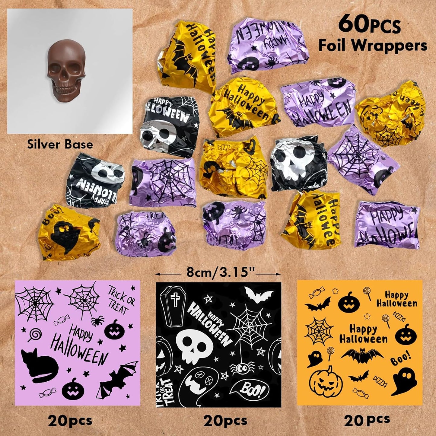 2-Pack Halloween Chocolate Molds, 18-Cavity Spider Skull Silicone Molds + 60 Foil Wrappers – DIY Candy, Chocolate & Treats