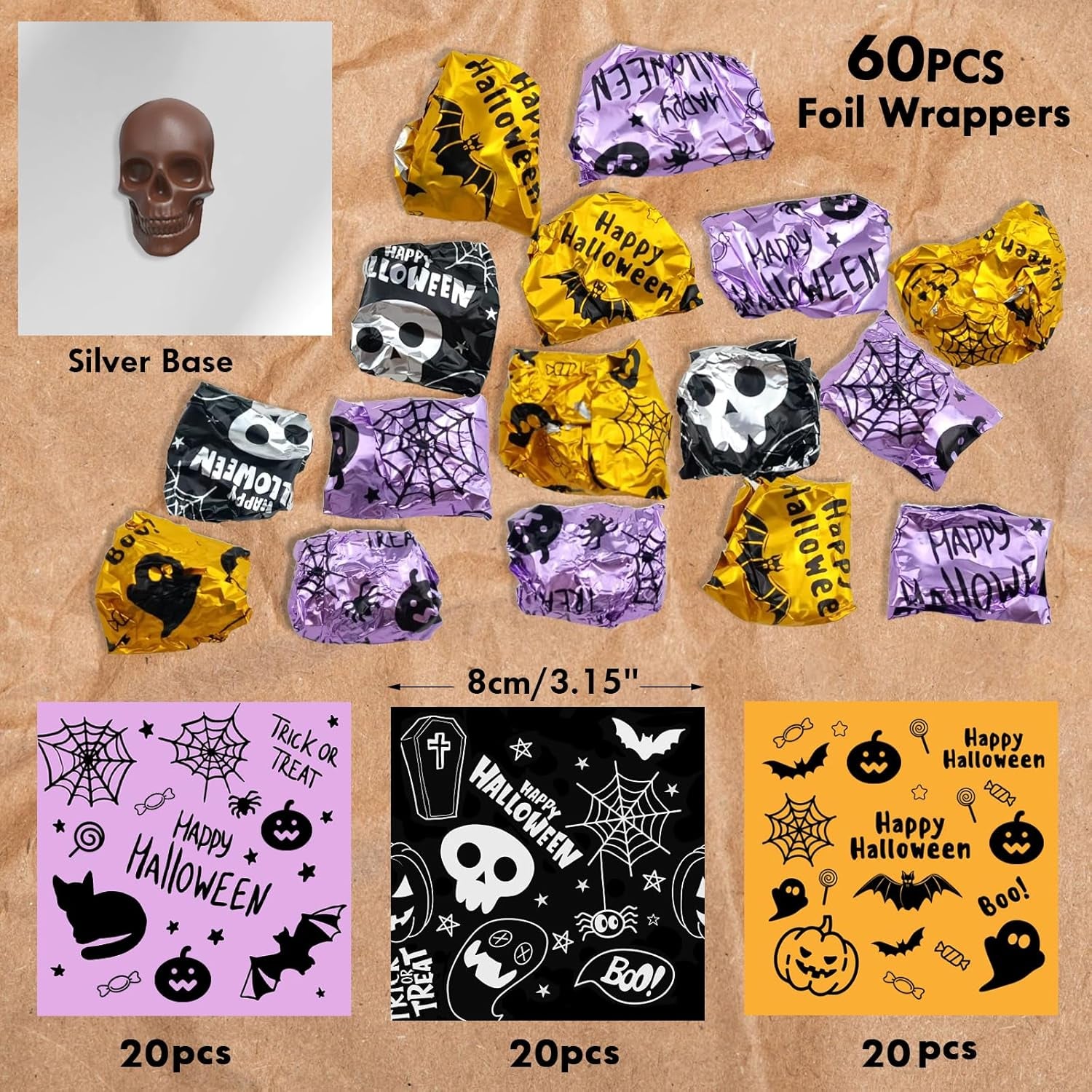 2-Pack Halloween Chocolate Molds, 18-Cavity Spider Skull Silicone Molds + 60 Foil Wrappers – DIY Candy, Chocolate & Treats