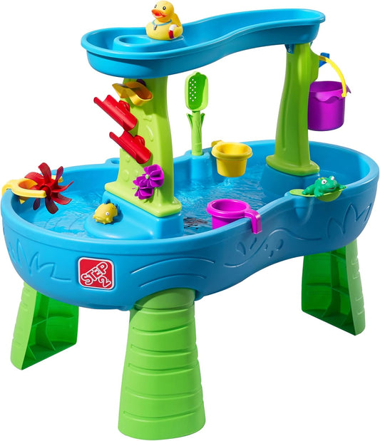 Rain Showers Splash Pond Water Table, Kids Water and Sand Activity Sensory Playset, Summer Outdoor Toys, 13 Piece Water Toy Accessories, for Toddlers 1.5+ Years Old, Blue & Green
