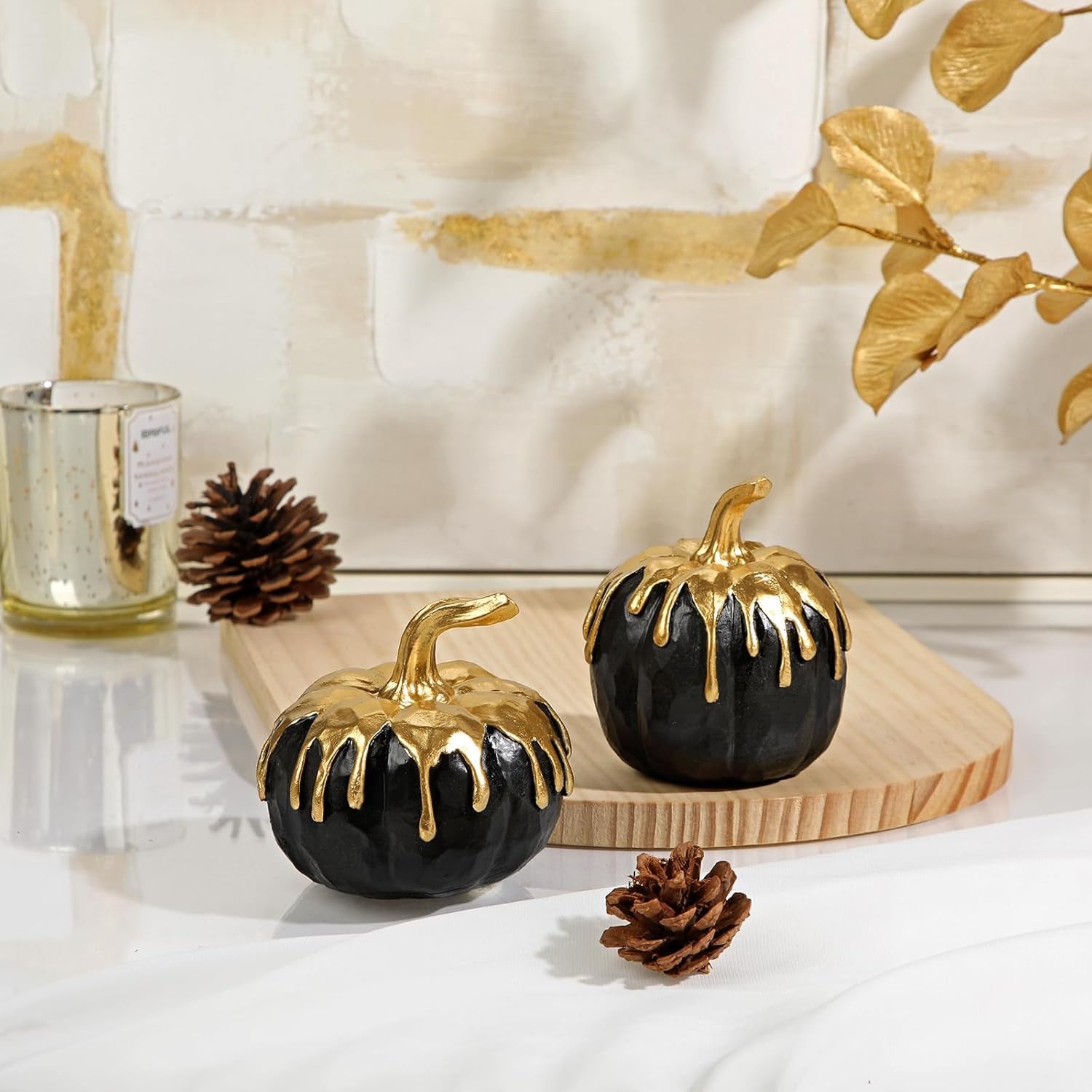 Fall Pumpkin Decor 2 PCS Black and Gold Resin Pumpkin Fake Pumpkins for Decorating Figurines Artificial Pumpkins Centerpiece Rustic Farmhouse Halloween Table Fall Decorations for Home