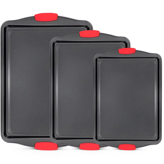 3-Piece Nonstick Carbon Steel Bakeware Set with Silicone Handles, Black