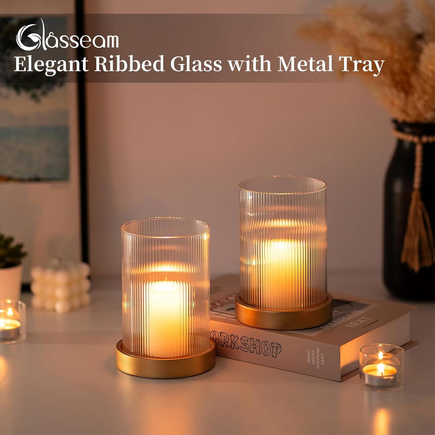 Hurricane Glass Candle Holder: Gold Pillar Candle Holders Set of 2 Ribbed Glass Cylinder Covers with Metal Candle Tray Modern Candle Holders for Table Centerpiece Living Room Decorations