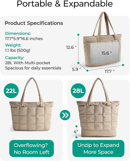 Large Tote Bag for Women, Expandable Puffer Work Tote Handbag, Quilted Carry-On Travel Gym Bag