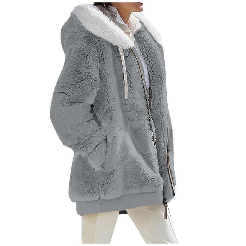 Autumn Winter Women'S Loose Plush Long-Sleeved Zipper Pocket Hooded Warm Coat Womenswear Jackets Tops Underwear Lady Comfort Long Sleeve Outerwear Longsleeves Fitted Basic Casual Basic Casual Minimalist