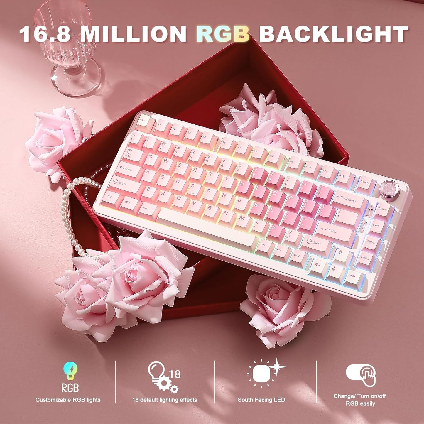 B75 PRO Wireless Mechanical Keyboard,75% Layout with Knob,Hot Swap Gasket Custom Structure,Creamy Pre-Lubed Switches,Rgb Backlit,Bluetooth/Type-C/2.4G for Win/Mac(Cocoa Cream V2 Switch,Pink)
