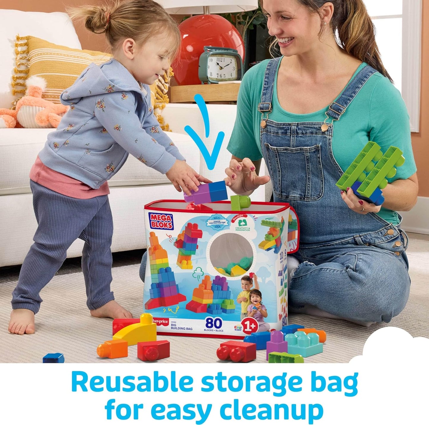 MEGA BLOKS First Builders Toddler Blocks Toys Set, Big Building Bag with 80 Pieces and Storage, Ages 1+ Years