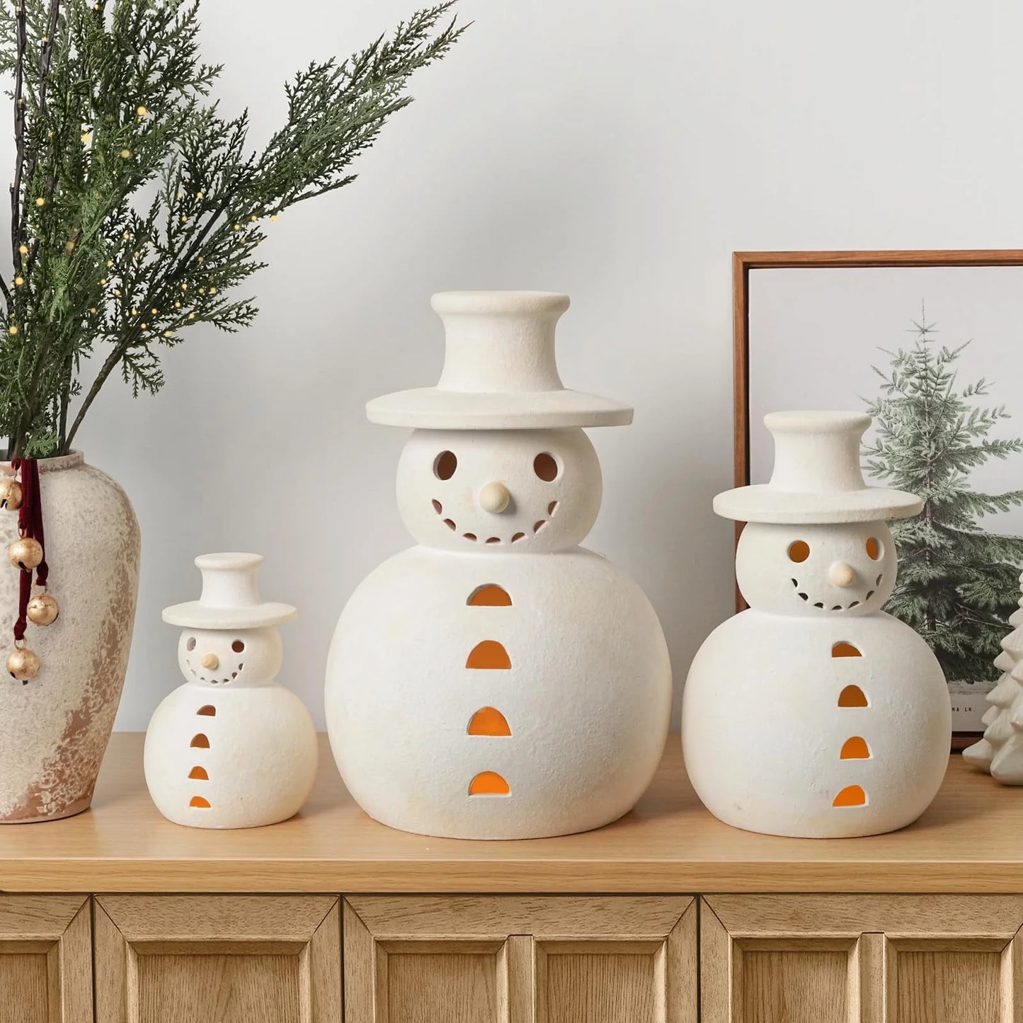 Christmas Decorations Indoor Outdoor- 1 Pack Handmade Terracotta Snowman Figurines - White Clay Winter Decor Holiday Rustic Unique Decor for Home Table Room Farmhouse
