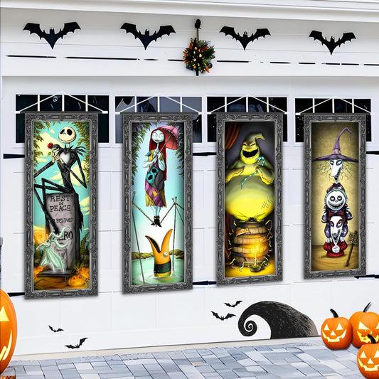 4 Packs Jack Sally Banners Porch Signs Halloween Decor Christmas Nightmare Hanging Vintage Banner Halloween Decorations Outdoor Stretching Portraits before Party Banner Wall Art