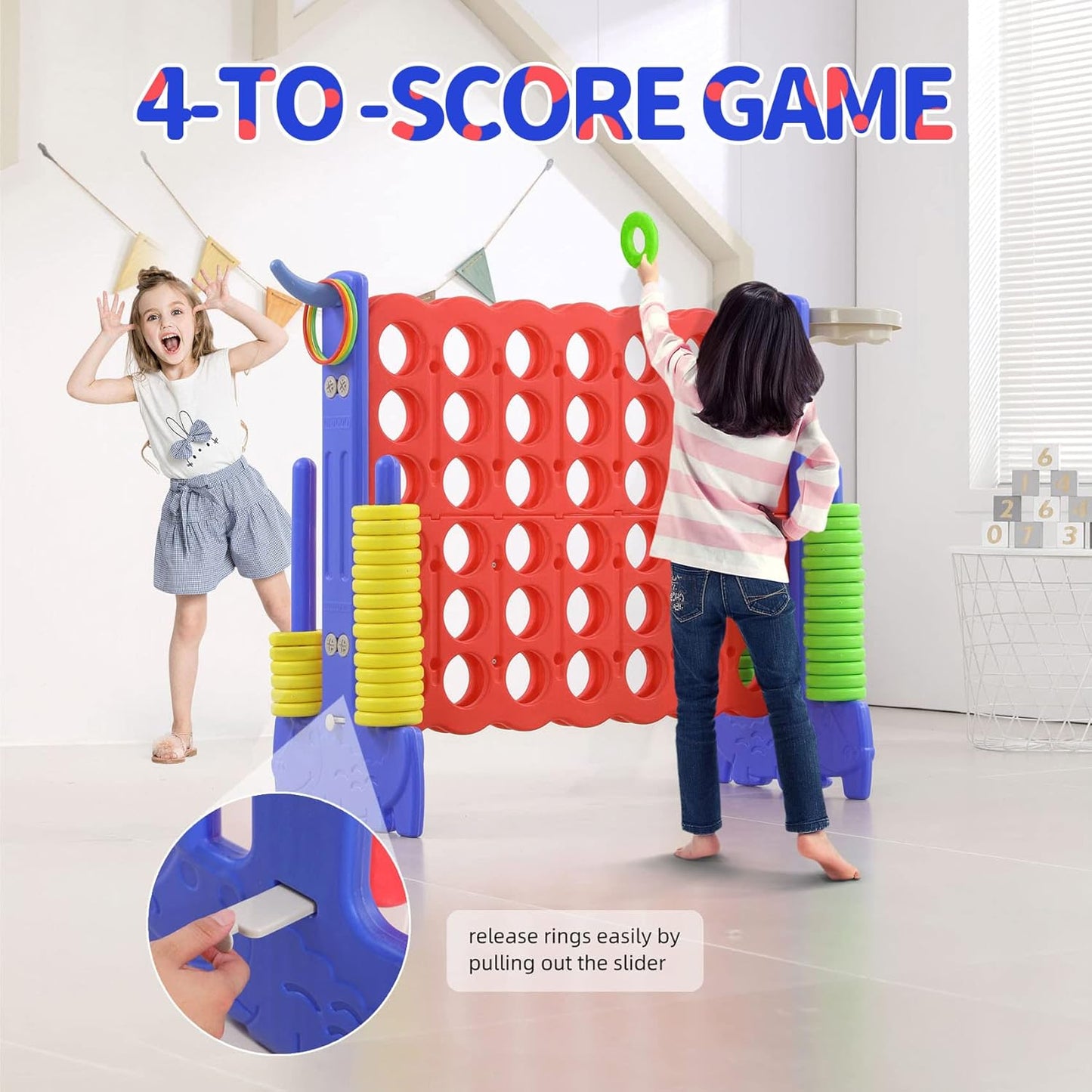 Giant 4-In-A-Row Game with Carry Bag, 3-In-1 Jumbo 4-To-Score Outdoor Yard Game with Basketball Hoop, Ring Toss, Quick-Release Slider, 42 Rings, Family Party Game for Kids & Adults