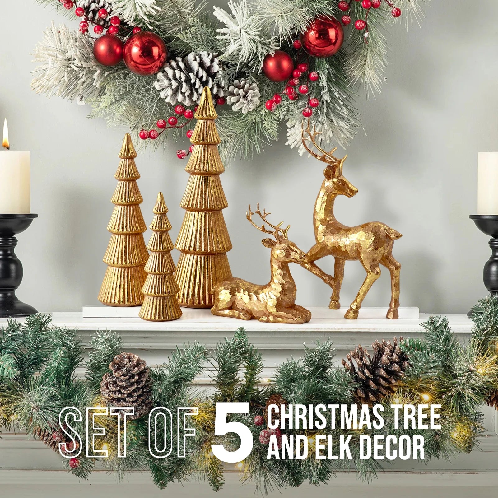 5PCS Tree and Reindeer Decortion, Christmas Tree Reindeer Figurines, Christmas Decortion Indoor (Rose Gold)