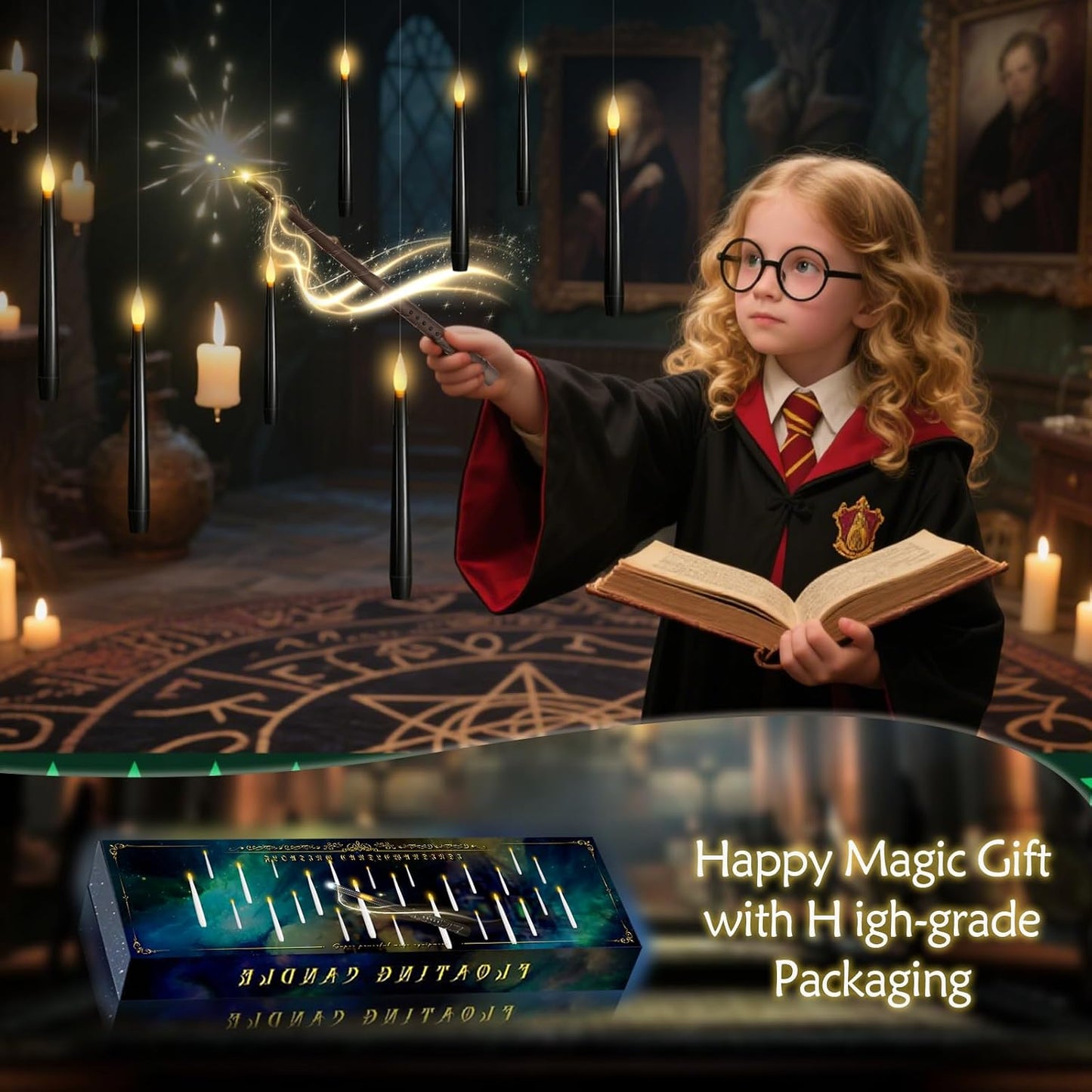 Flameless Floating Candles with Wand，20 Pcs Magic LED Hanging Taper Candles，Flickering Battery Operated Taper Candle with Wand Remote for Halloween Decorations Best Gift(Black)