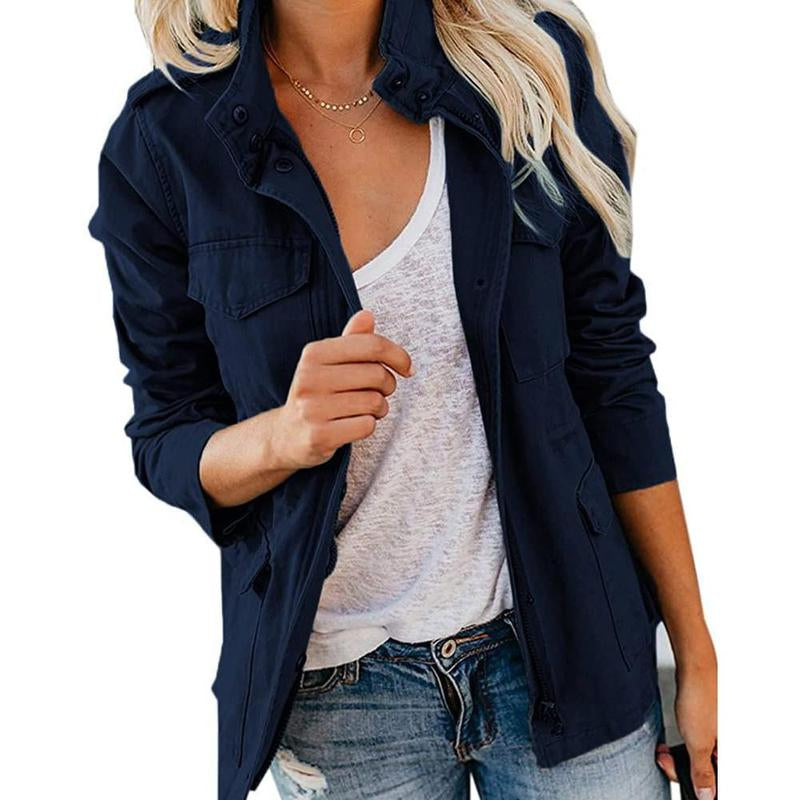 Yousify Womens Military Jacket Zip up Snap Buttons Lightweight Utility Anorak Field Safari Coat Outwear with Pocket