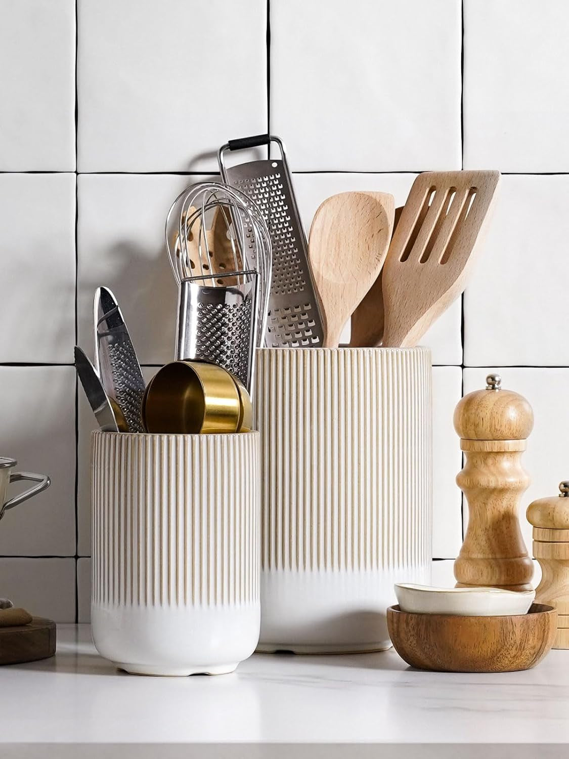 Utensil Holder, 7.3"+5.4" Ceramic Kitchen Utensil Holder for Countertop, Large Cooking Utensil Crocks Gift for Mom, Boho Farmhouse Kitchen Decor, Set of 2, Reactive Glaze Arctic White