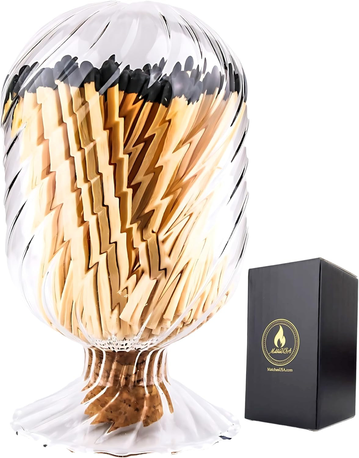 Includes Matches! | Helix Shaped Glass Matches Cloche | Spiral Decorative Match Holder Jar for Candles Set Display (Black Matches)