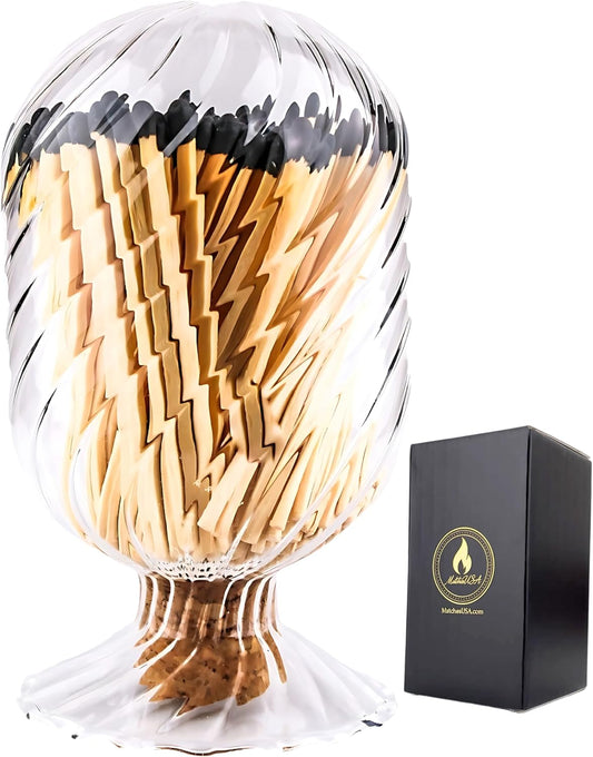 Includes Matches! | Helix Shaped Glass Matches Cloche | Spiral Decorative Match Holder Jar for Candles Set Display (Black Matches)
