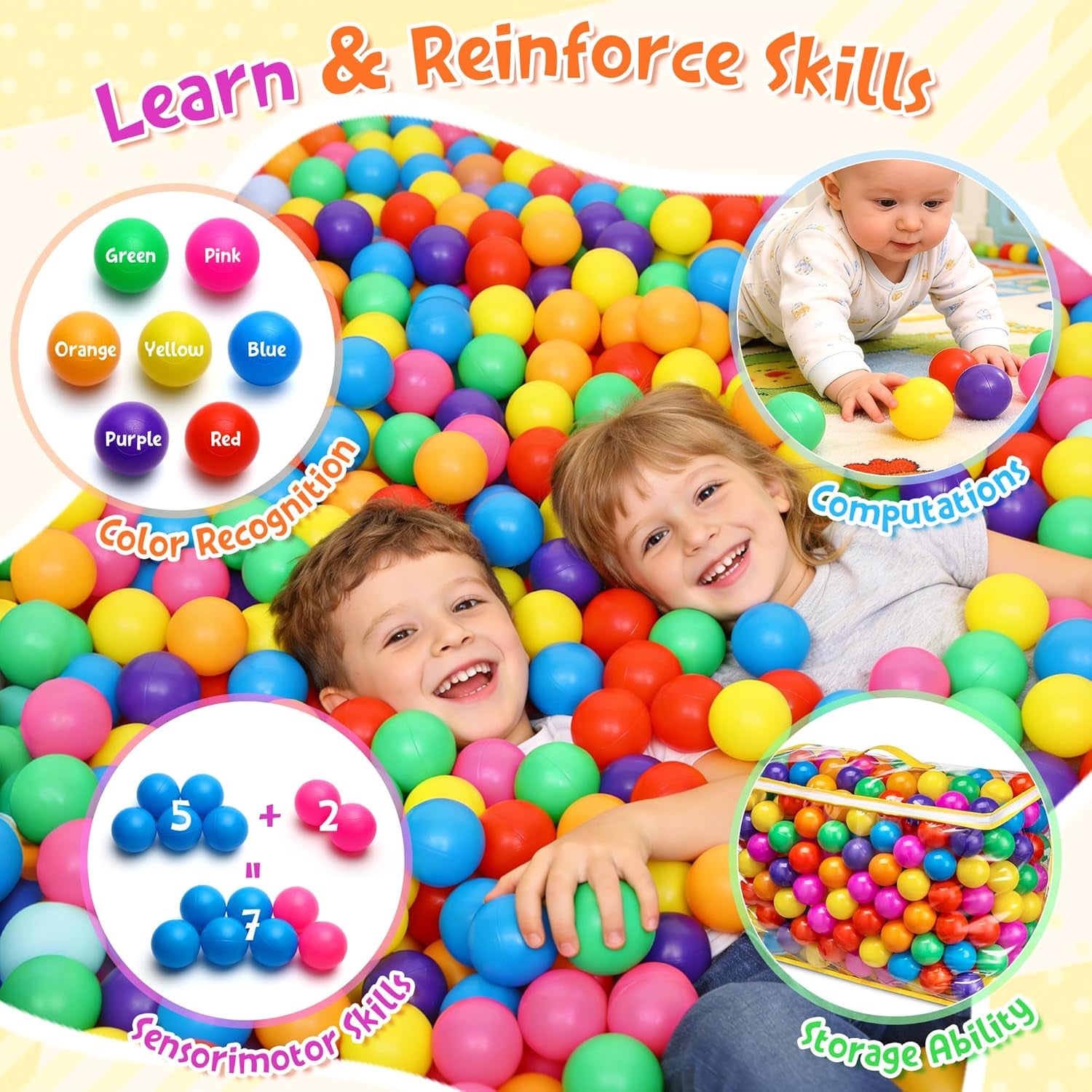 Ball Pit Balls Phthalate Free BPA Free Crush Proof Plastic - 7 Bright Colors in Reusable Play Toys for Kids with Storage Bag