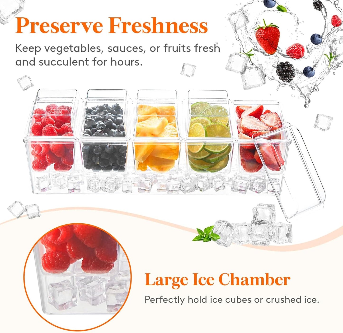 Ice Chilled Condiment Caddy with 5X 20Oz(2.5 Cup) Containers, 15.3" Condiment Server with Separate Lids, Serving Tray Platter with Removable Dishes for Bar, Fruit, Salad, Taco, Party Garnish