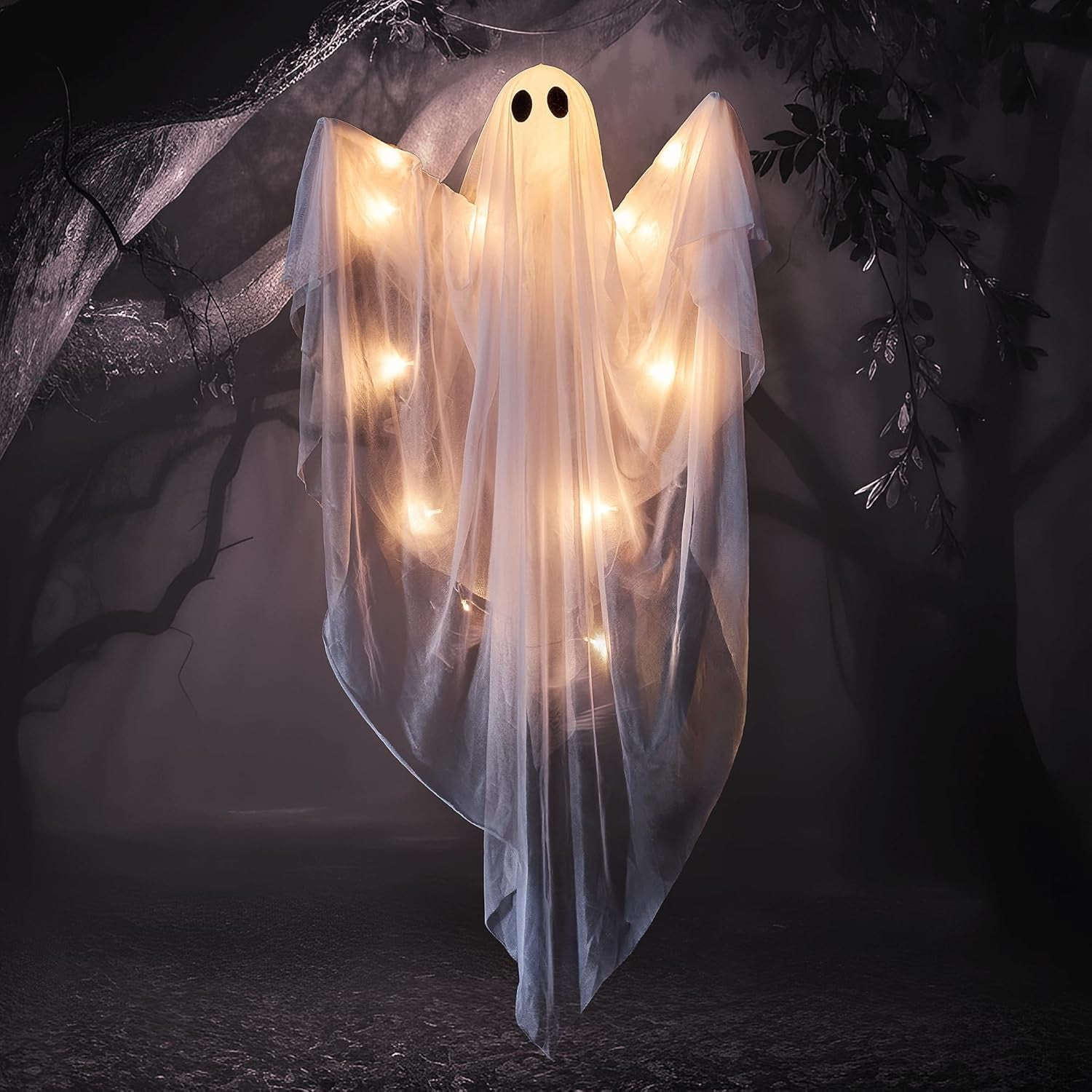 Halloween Hanging Light up Ghost, 47” White Ghosts with Warm White LED Light and Timer Halloween Hanging Decoration Waterproof for Front Yard Patio Lawn Garden Party Decor Indoor Outdoor