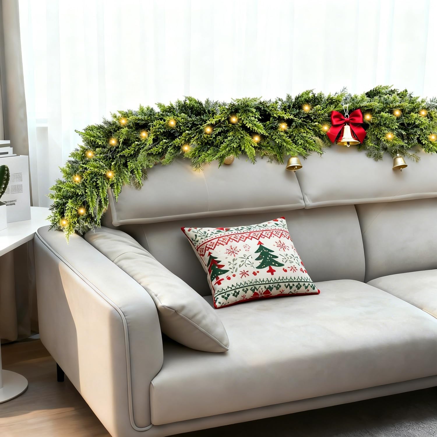 9FT Cedar Garland with Lights, Prelit Christmas Garland Artificial Realistic, Real Touch Pine Christmas Garland for Mantle Stairs Outdoor Decoration, Battery Operated Faux Greenery Garlands Thick Lush