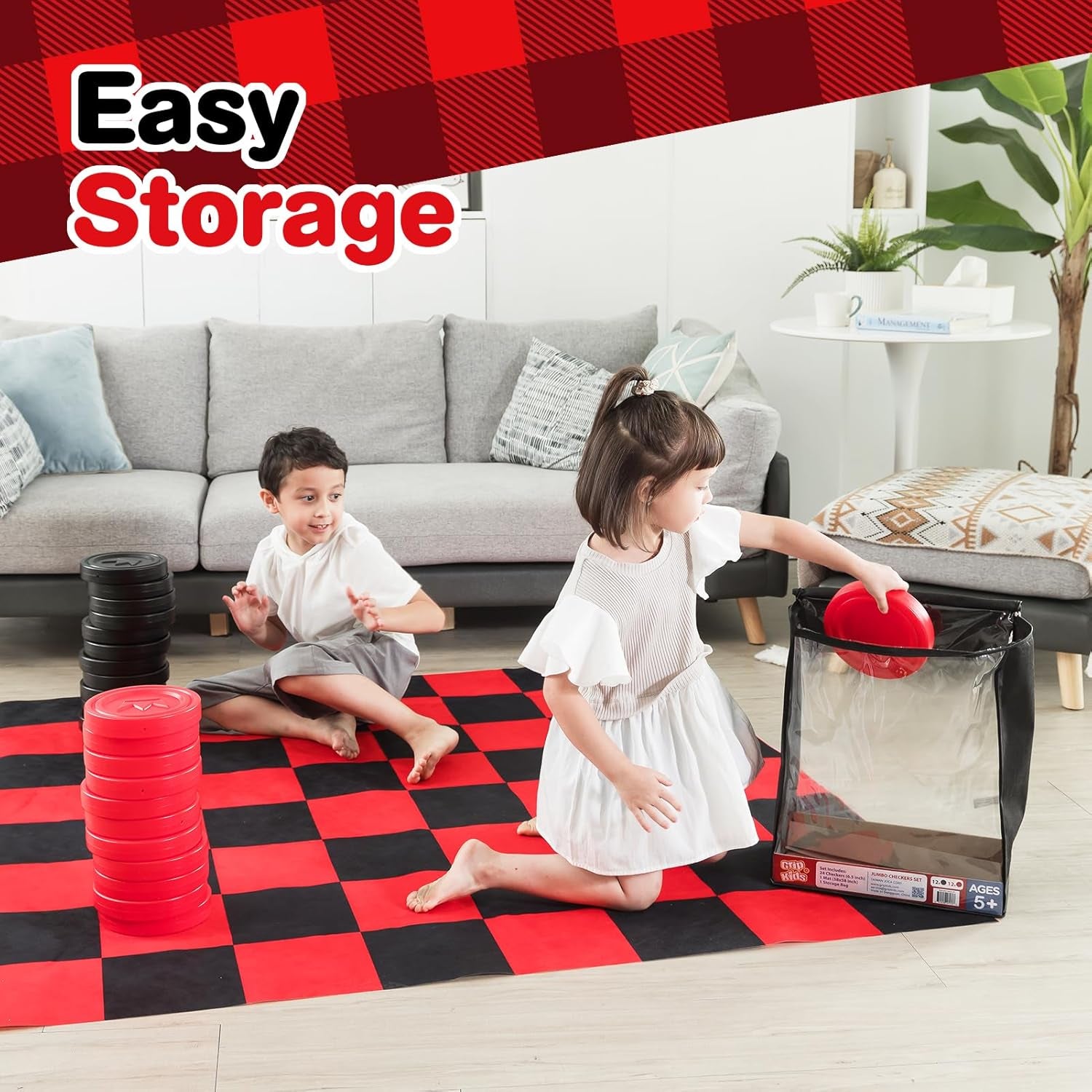 Jumbo Checkers Set with Storage Bag - 58 Inch Mat - Outdoor & Indoor Play Toys, Backyard Board Games, Family Party, Birthday for Toddlers Ages 5 6 7 8 Year Old - Amazon Exclusive
