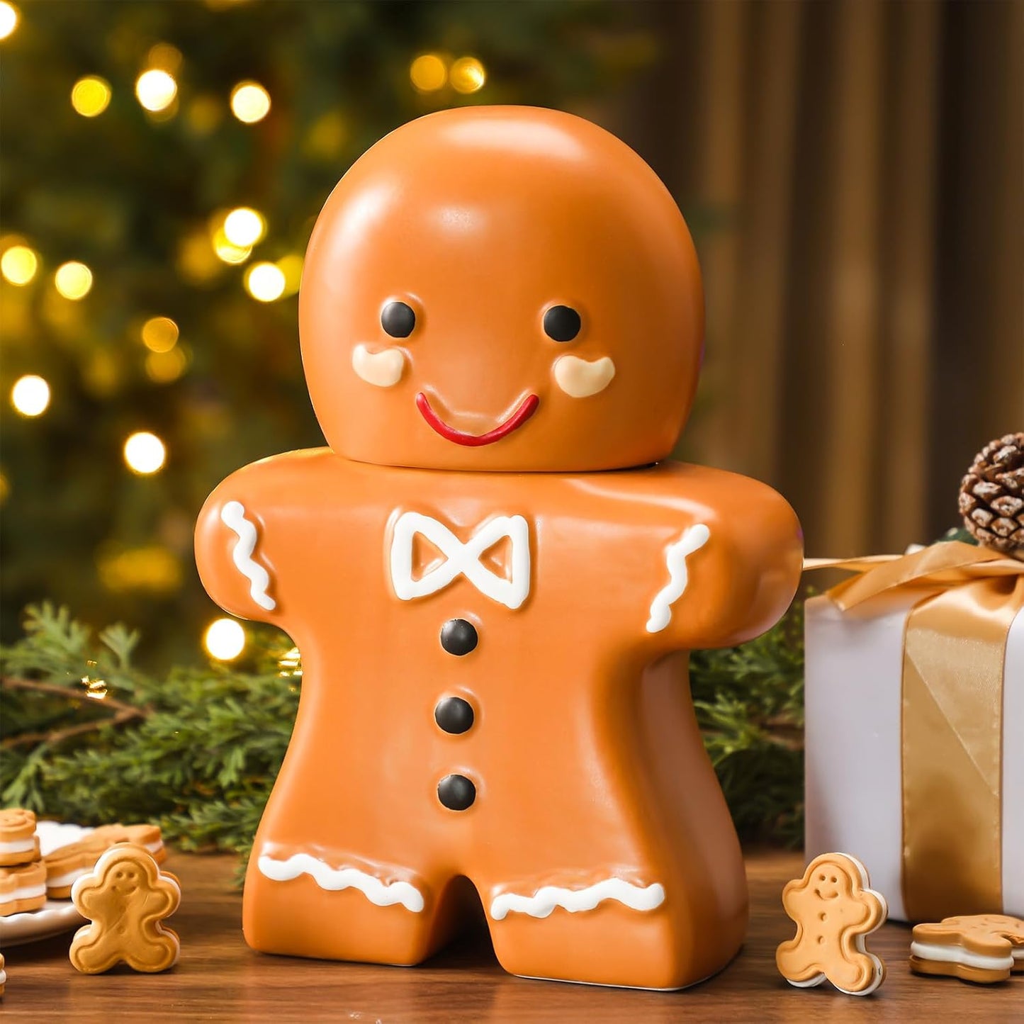 Gingerbread Man Christmas Cookie Jar 10 Inch Ceramic Christmas Candy Cookie Jars with Lids Decorative Treats Storage Container for Holiday Xmas Kitchen Decoration Gift Counter