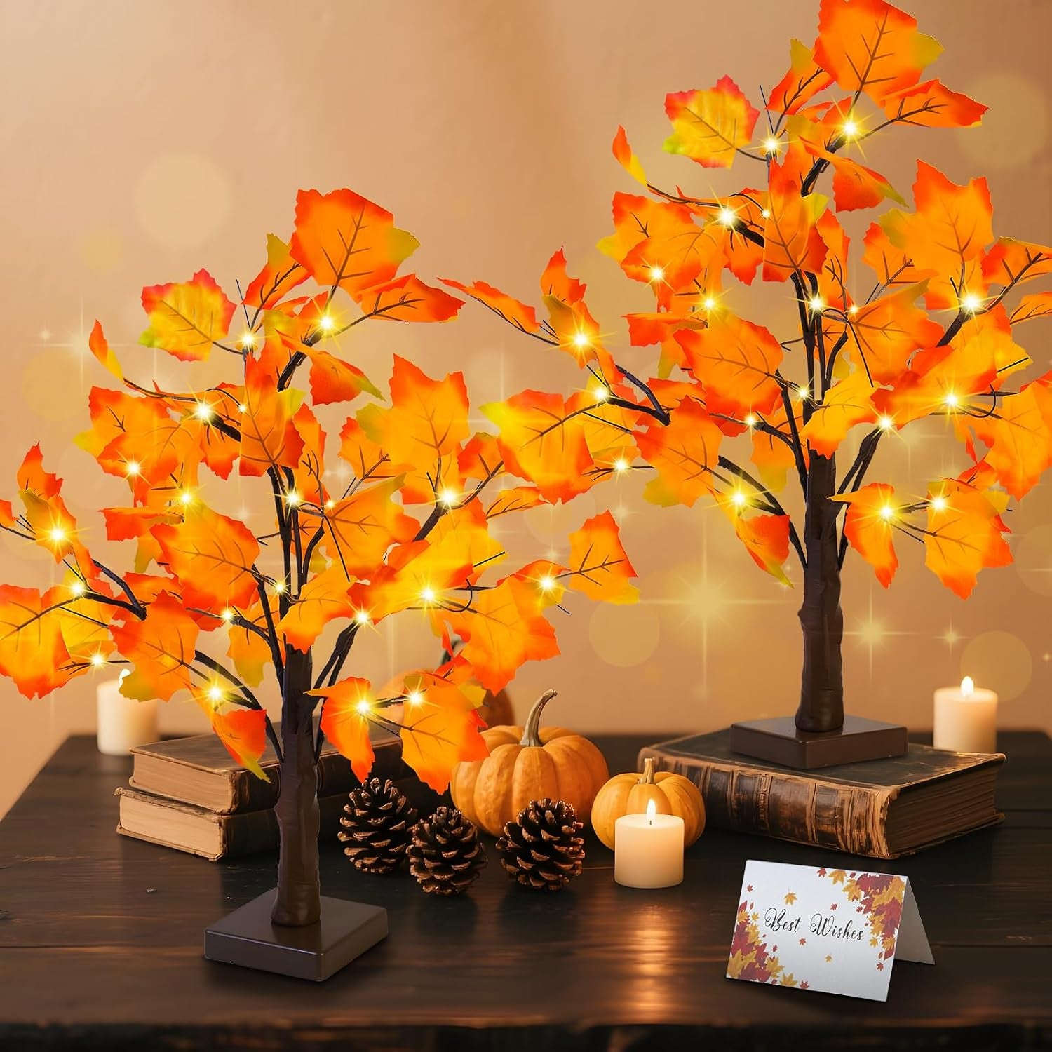 Fall Decor 2 Pack Fall Trees Artificial Lighted Maple Tree Thanksgiving Decor 48 LED Table Fall Lights up Tree Battery Operated for Wedding Party Gifts Indoor Outdoor Autumn Harvest Home Decorations