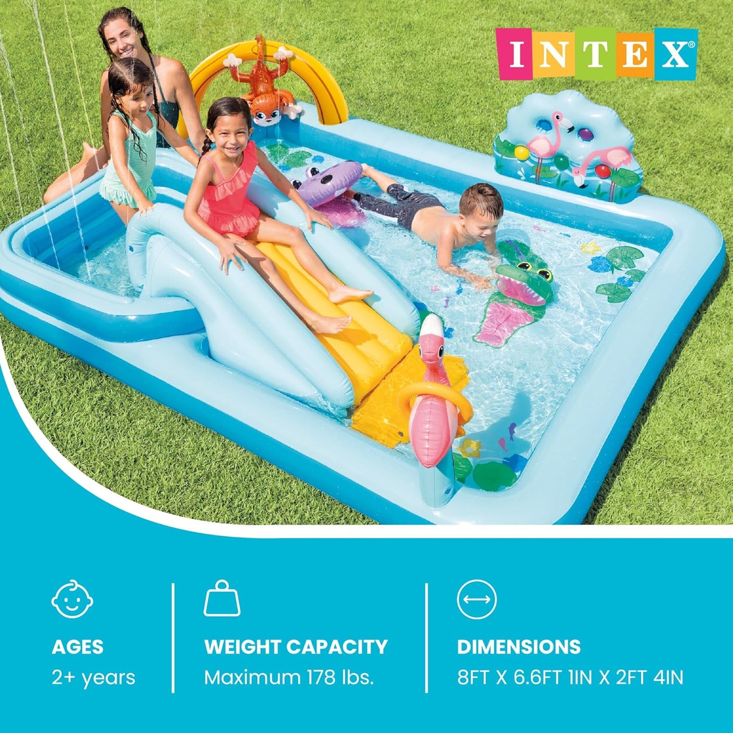 Intex 96" X 78" X 28" Inflatable Jungle Adventure Play Center Spray Kiddie Pool - Backyard Kids Water Slide, Outdoor Blow-Up Splash Pad for Toddlers