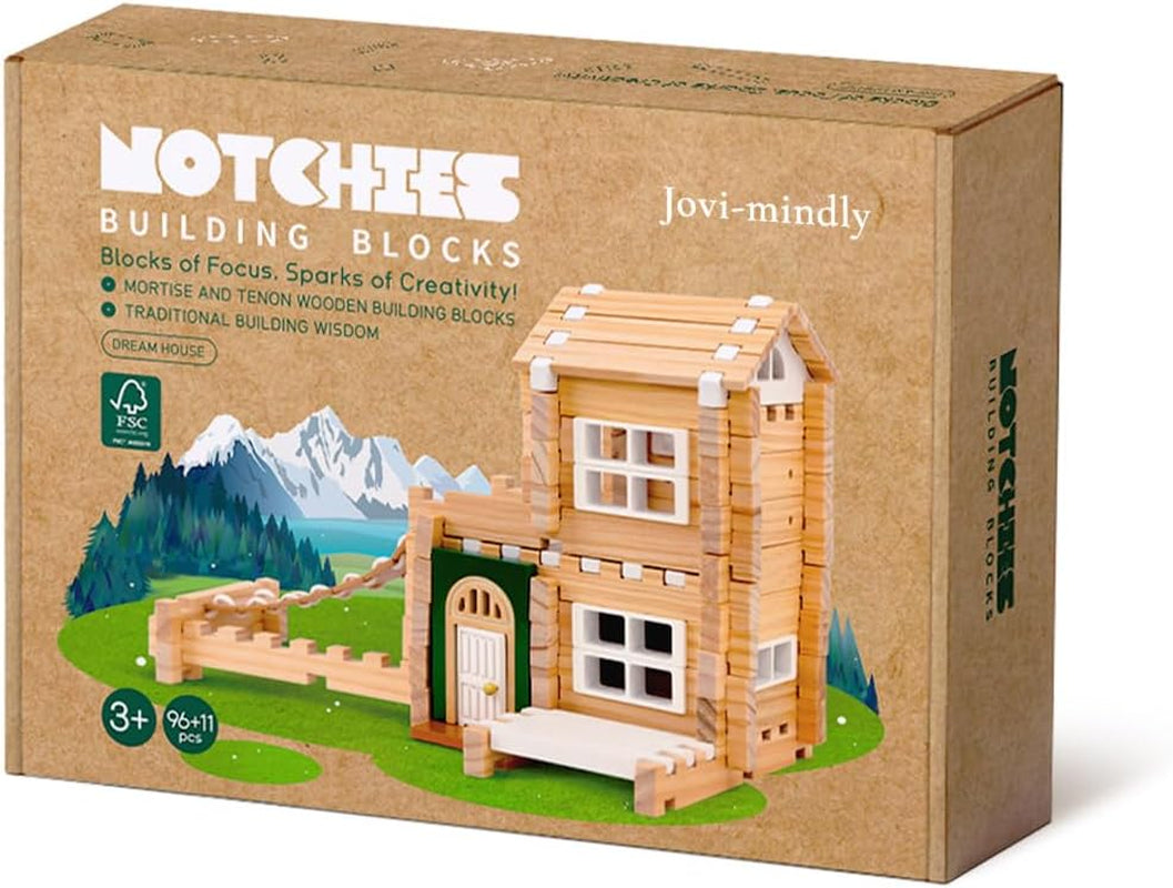 ＆Notchies 107 Pcs Wooden Blocks Toys with Door and Windows,Classic Old Fashioned Toys,Wooden Building Blocks for Kids Ages 4-8 Boys and Girls, (No Printed Manual)
