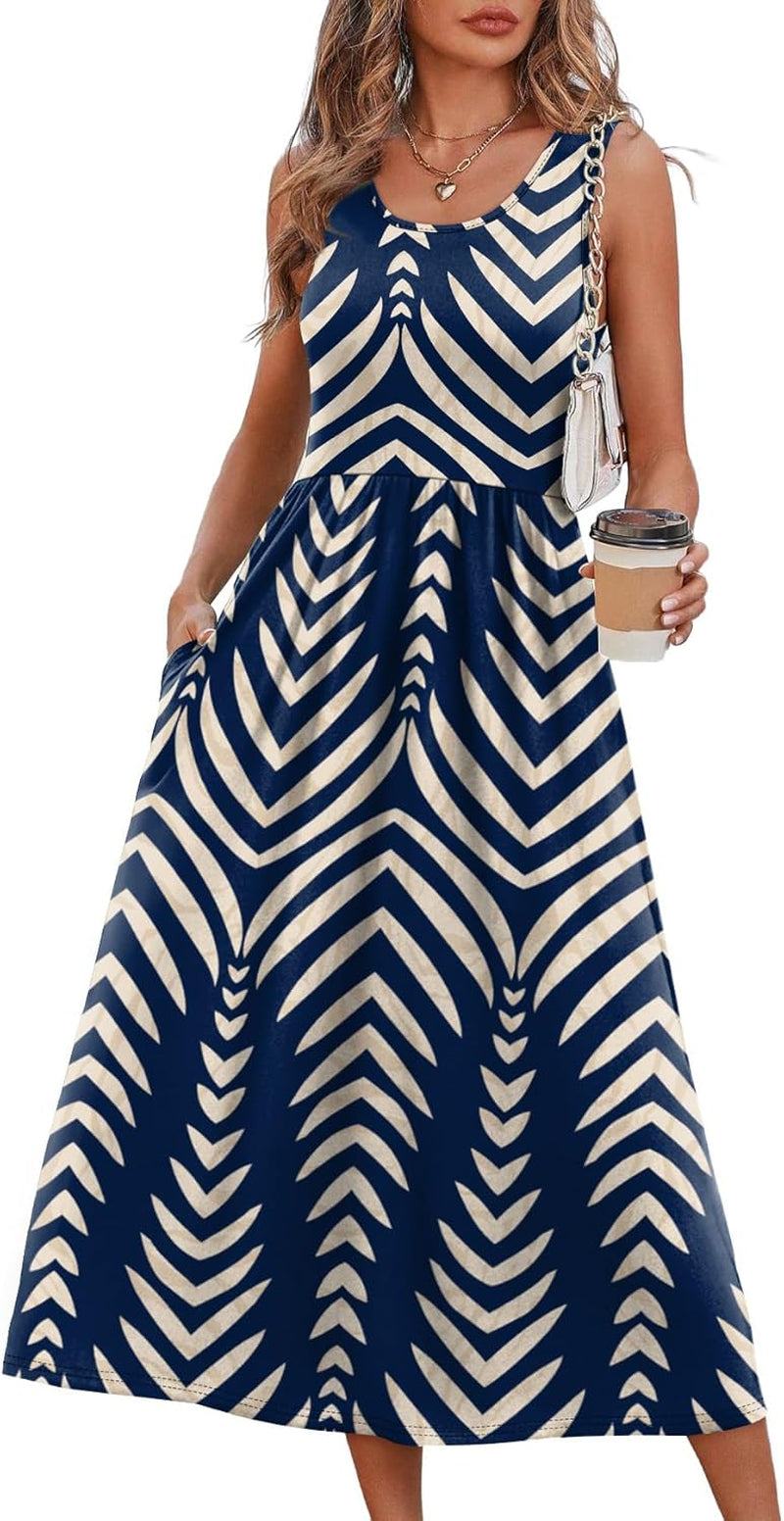 Summer Dresses for Women Flowy Casual Midi Dress Beach Vacation Sundresses with Pockets