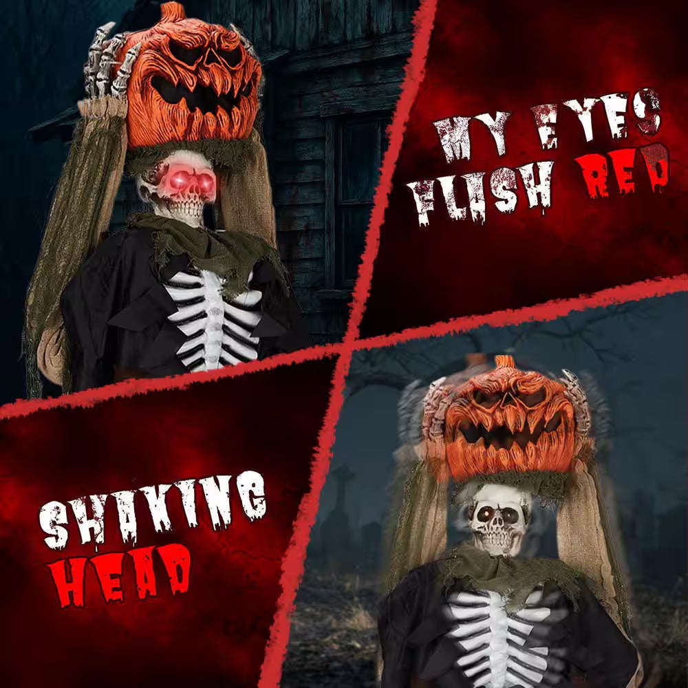 5. 6 Ft. Lifesize Haunted Animatronics Ghost with Pumpkin Head with Creepy Sound Outdoor Indoor Halloween Decoration