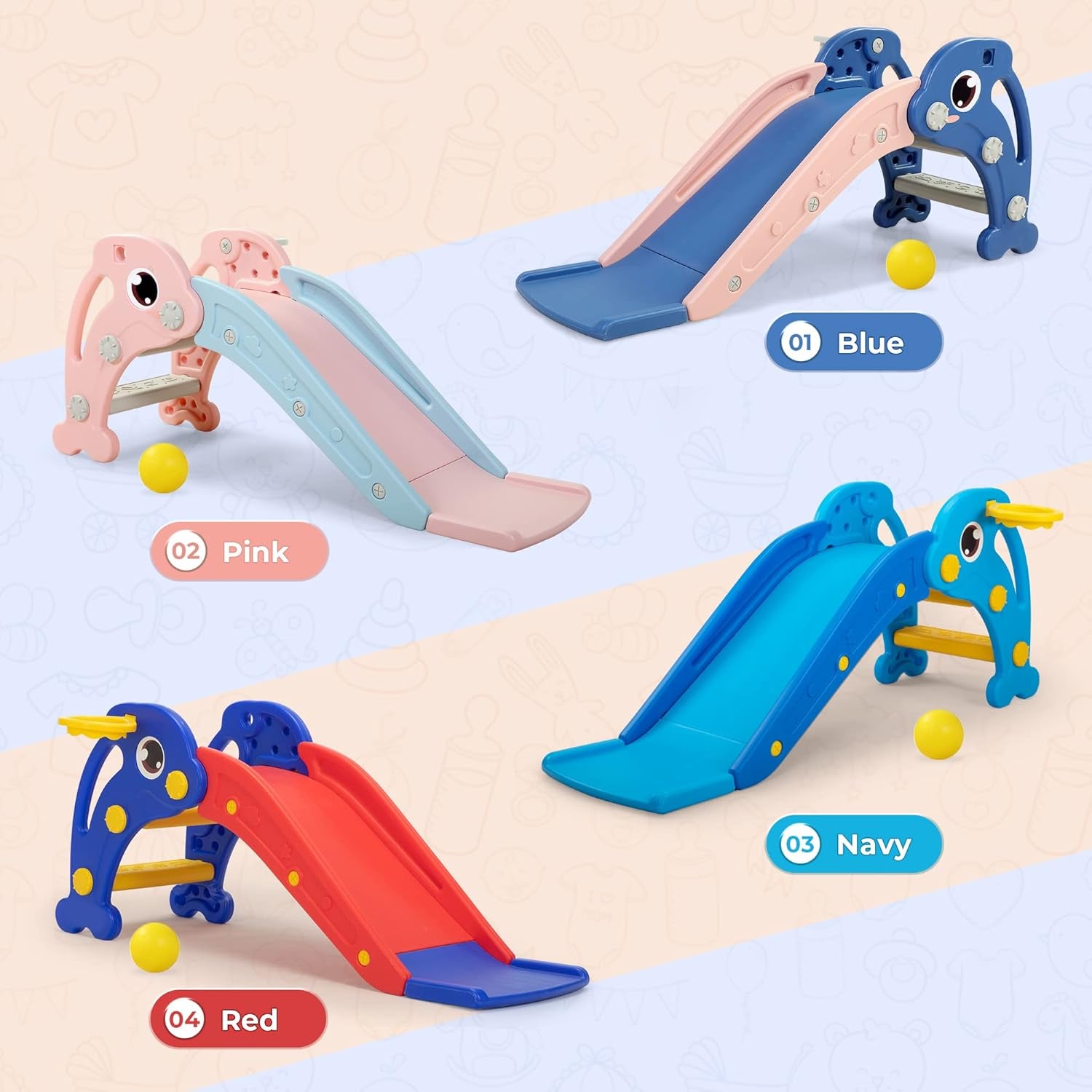 3 in 1 Toddler Slide, Baby Slide Plastic Climber Playset with Basketball Hoop and Ball, Indoor and Outdoor Playground for Kids Red