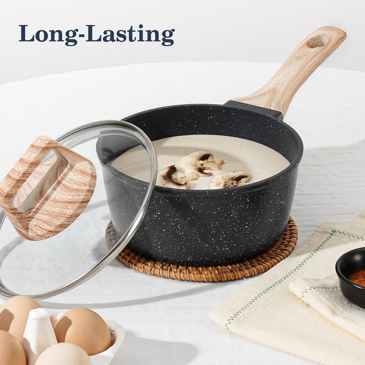 12 Pcs Pots and Pans Set, Nonstick Cookware Sets Black Granite Induction Cookware, Non-Toxic Healthy Non Stick Kitchen Cooking Set with Frying Pans Set, Saucepans,Steamer (PFAS, PFOA, PFOS Free)