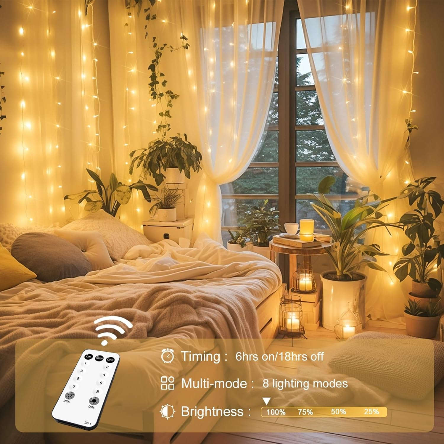 300 LED Remote Control Curtain Lights, Plug in Fairy Curtain Lights Outdoor, Window Wall Hanging String Lights for Bedroom Indoor Dorm Backdrop Wedding Party Patio Christmas Decor, Warm White