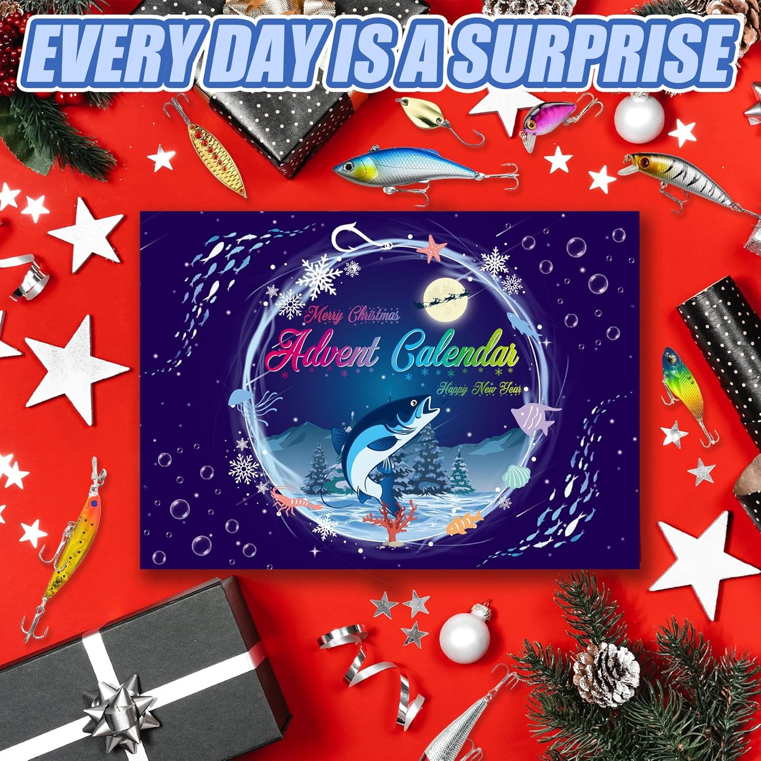 Fishing Advent Calendar 2025, 24 Days Countdown with Fishing Lures, Christmas Advent Calendar Gift for Fishers, Adult Men, Teen Boys, Christmas Advent Calendar 2025 Gift for Husband, Friend