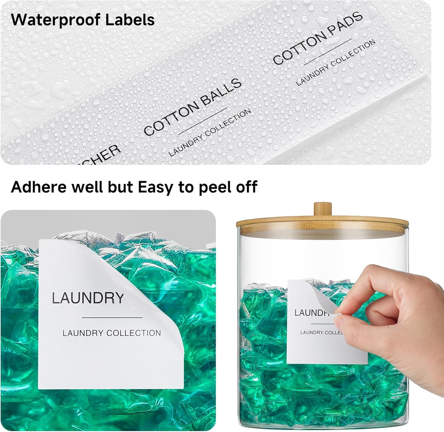 Glass Jars for Laundry Room Organization, Laundry Pods Container with 27 Labels, Detergent Holder with Bamboo Lid, Cute Storage Jars (Set of 2)