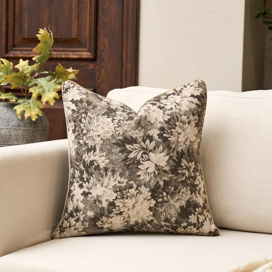 Neutral Floral Pillow Cover 18 X18 Inches, Vintage Chenille Square Throw Pillow Cover Soft Decorative Farmhouse Accent Couch Pillow Cover for Living Room Bedroom, Grey