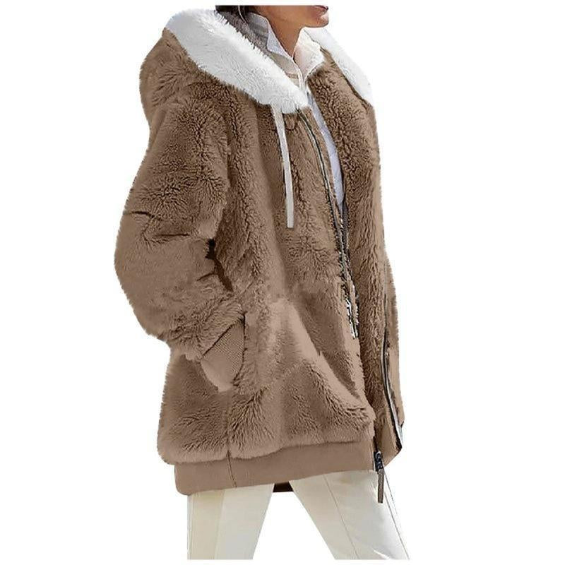 Autumn Winter Women'S Loose Plush Long-Sleeved Zipper Pocket Hooded Warm Coat Womenswear Jackets Tops Underwear Lady Comfort Long Sleeve Outerwear Longsleeves Fitted Basic Casual Basic Casual Minimalist