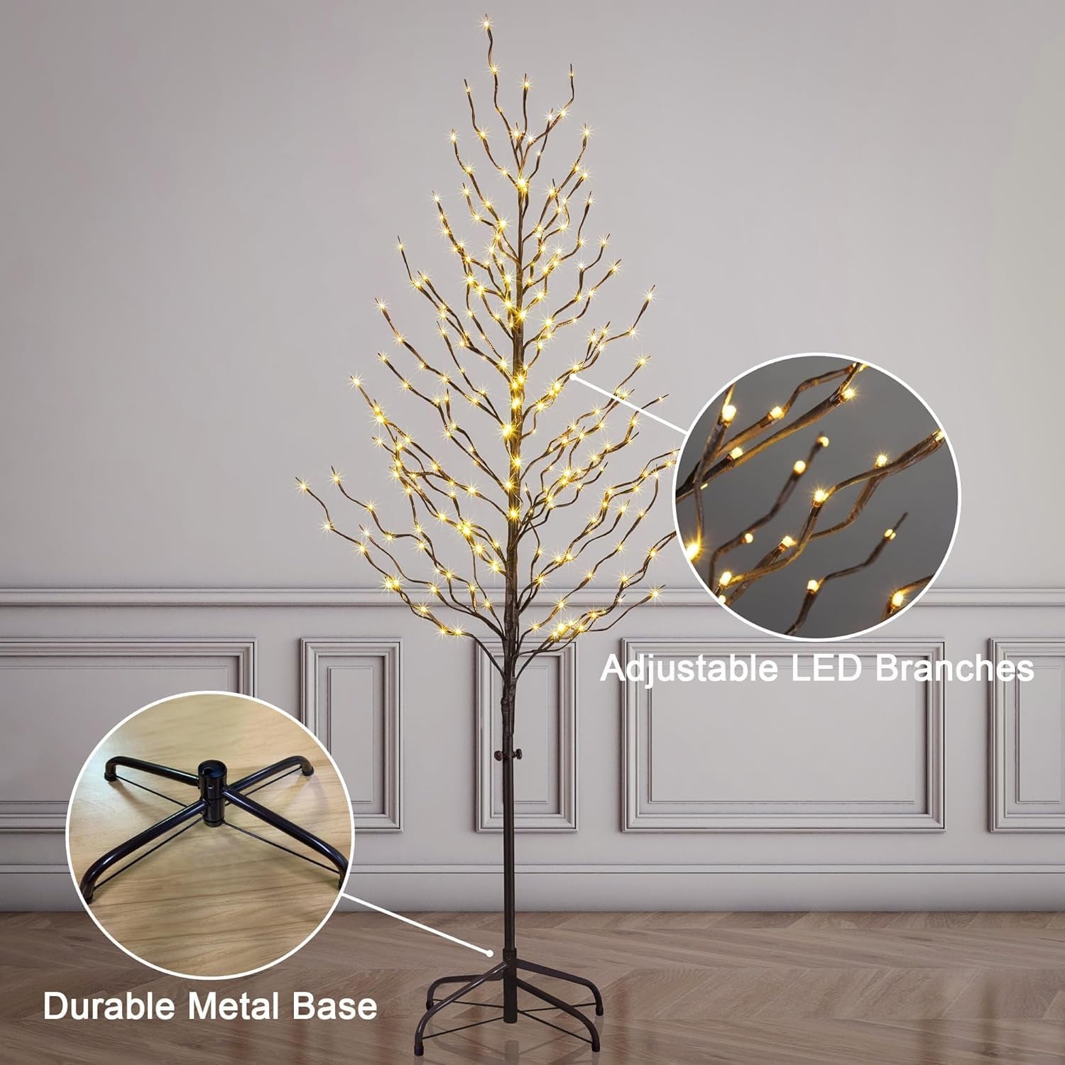 Set of 3 Star Light Trees Christmas Decorations, Including 3 Feet, 5 Feet, and 6 Feet, Warm White Christmas Tree, Brown Branch