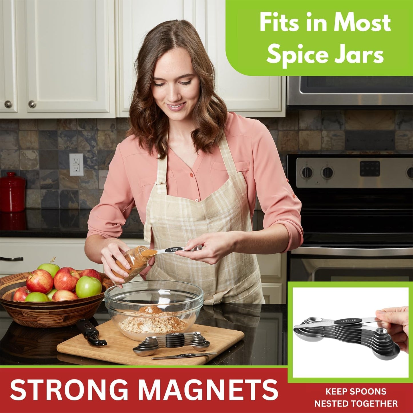 Stainless Steel Magnetic Measuring Spoons Set with Strong N45 Magnets, Heavy Duty Metal Kitchen Gadgets for Baking & Cooking, Fits in Most Kitchen Spice Jars, Set of 8 with Leveler, Black