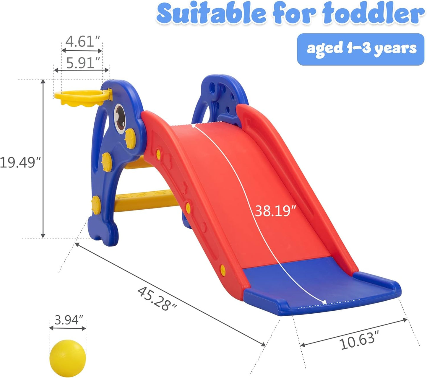 3 in 1 Toddler Slide, Baby Slide Plastic Climber Playset with Basketball Hoop and Ball, Indoor and Outdoor Playground for Kids Red